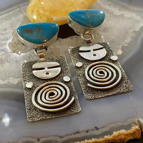 Alex Sanchez Native American Sterling Turquoise Petroglyph Dangle Earrings #2 - Picture 4 of 10